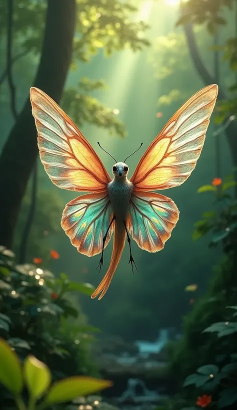 Butterfly-Bird Hybrid: A bird with delicate, translucent wings like a butterfly, each wing reflecting a kaleidoscope of forest colors.