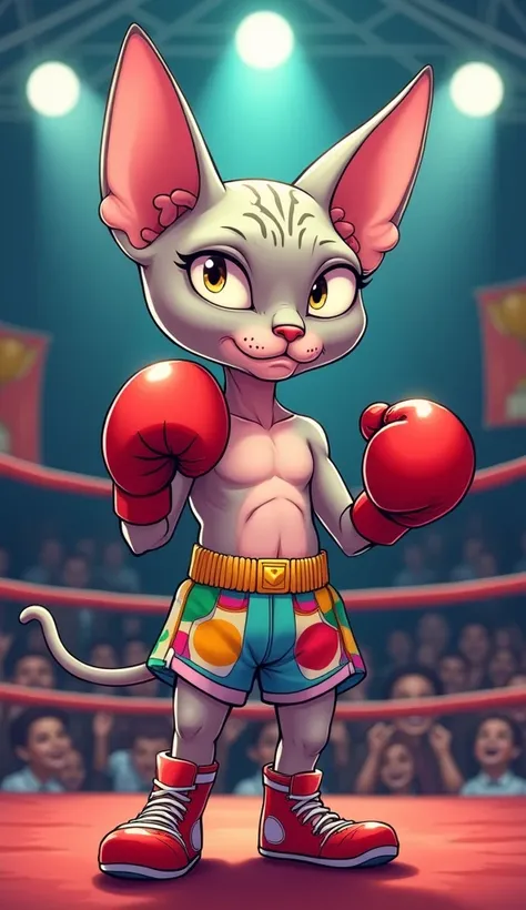 IMG_3927.CR2: Create a dynamic scene of a Sphynx cat as a boxer in the ring, showcasing the cat wearing colorful boxing gloves and stylish boxing shorts with bold patterns or prints. Capture the cat’s determined expression, emphasizing its large ears and e...