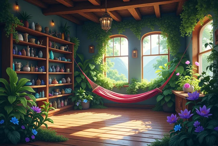 a spacious room with a hammock and several exotic plants and shelves with paranormal components, Empty.   I would like the art in a fantasy RPG style  . In the Old West