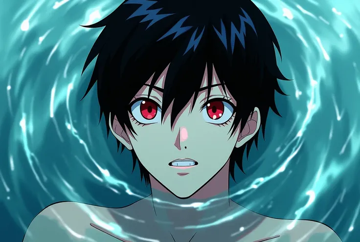 Gender: male, Appearance: Black hair, red pupils, Aquiline, in the water, 2d,