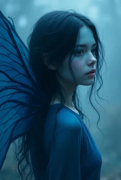 A dark-haired, blue-skinned girl with bluish wings