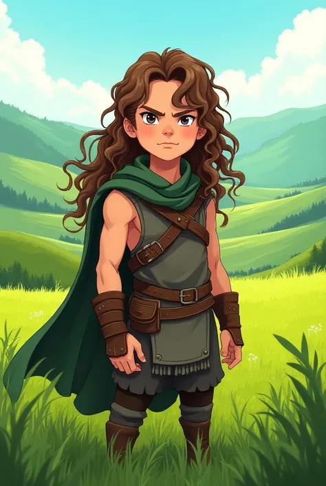  Manga drawing of a  Viking boy with long hair, curly and brown in a green field 