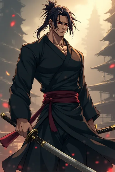 anime character, black skin tone, 1,90, swordsman&#39;s outfit, dark brown hair, dark red eyes, A serious expression, Man and uses three swords 