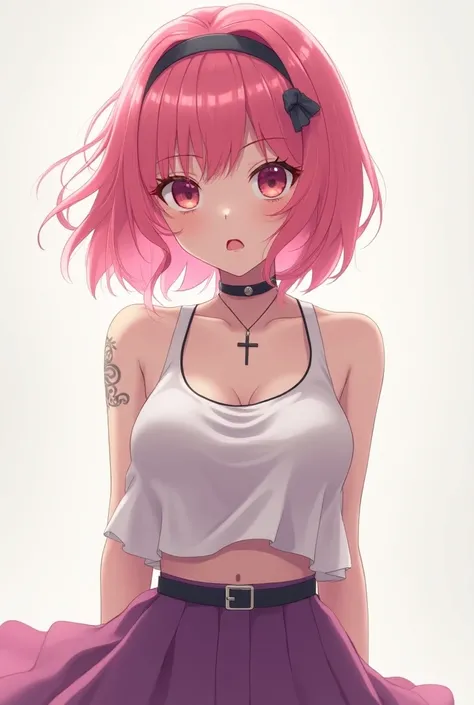 (masterpiece,  best quality :1.2),  1 girl , nude, collar, clavicle,    watching viewer , lips open,  Pink hair ,  purple skirt , Light pink hair, Sleeveless, Big Breasts, Tattoo, No bangs,  cross necklace, belt, medium long hair,  upper body, Japanese car...