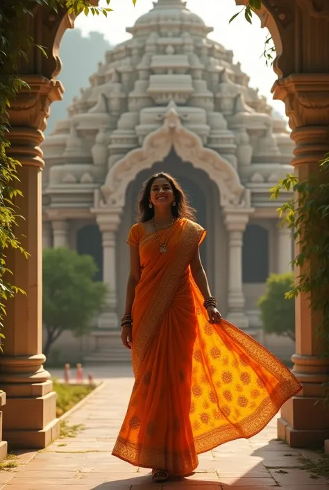 Indian lady wearing a saree and having smiles on her face going to the temple of Krishna walking 