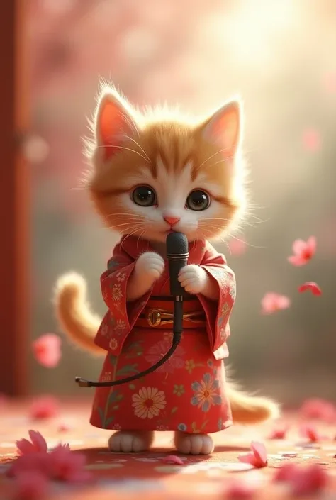 The kitten is holding a microphone, wearing a kimono, and singing a song