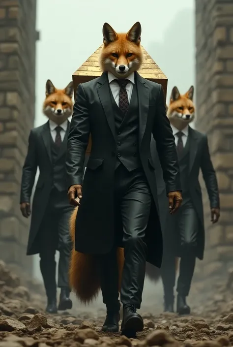  The background is the personification of three muscular golden foxes， wearing a black leather suit ， with a metallic luster 。 serious expression ，Firm eyes， walking at a steady pace 。 carrying a pyramid-shaped gold brick on the back ，Extremely heavy 。 The...