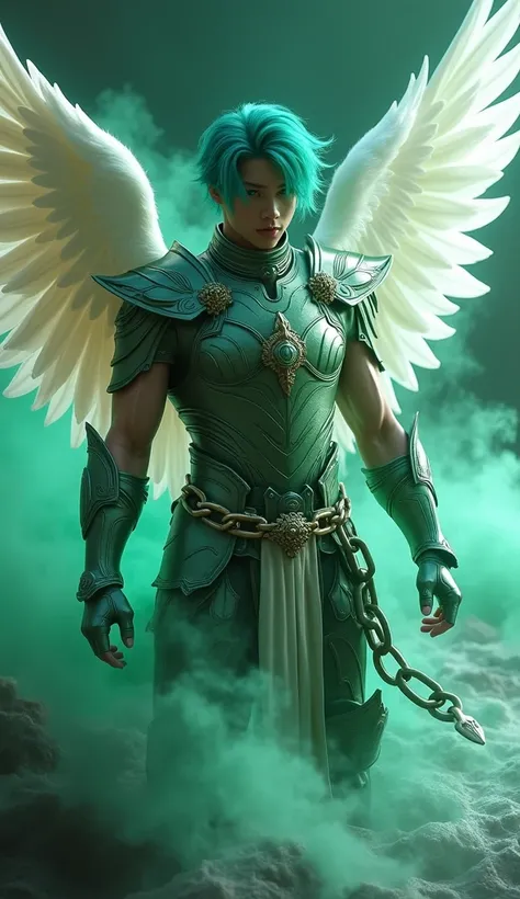 masterpiece,man 20 years, best quality, realistic, ultra detailed, sexy, homoerotic, dungeons and dragons, character design, baby-faced chinito filipino, stylish blue hair, white angel wings, green ocean celestial heavy armor, dramatic heroic pose with amb...