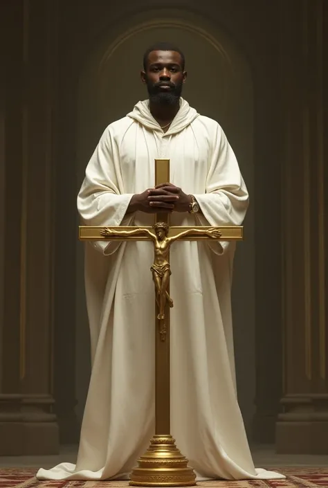 A 25-year-old black man ,  with a well-groomed beard and dressed in an elegant white robe , as if he were a shepherd ,  standing atop a ceremonial altar behind a golden cross