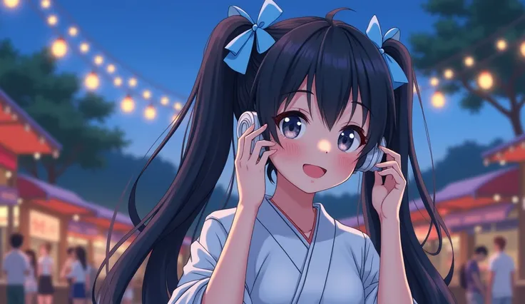 Perfect image, 8k、summer、night、high school girl、Mature、White yukata、long hair, (((grey eyes, black hair))), ((twintails, blue hair ribbon)), medium breasts, solo、looks fun、smile、Using headphones、festival、stall、 2D-style animation, Lo-Fi、Retro、Emotional、Ani...