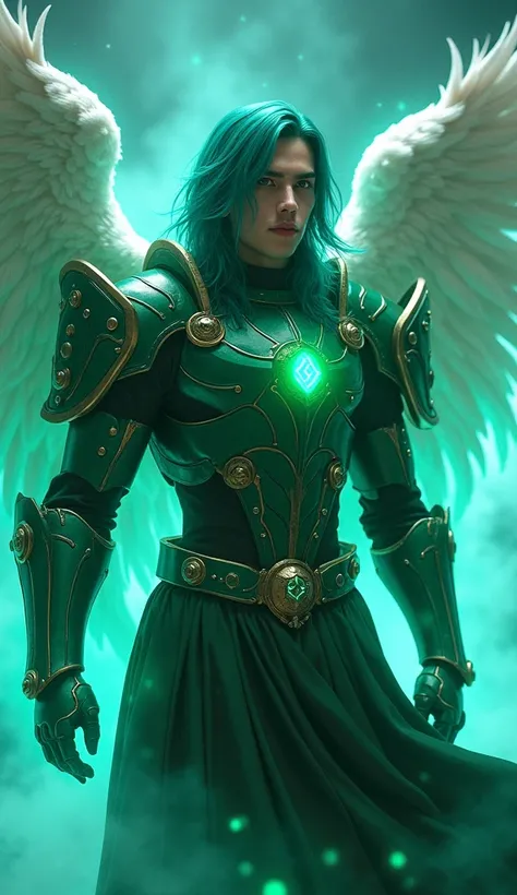 masterpiece,man 20 years, best quality, realistic, ultra detailed, sexy, homoerotic, dungeons and dragons, character design, baby-faced chinito filipino, stylish blue hair, white angel wings, green ocean celestial heavy armor, dramatic heroic pose with amb...