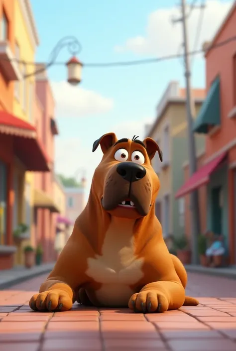 An adult large Dog painted in the Pixar style lies on the floor eyes in the Pixar style, the background of the Pixar street, The dog lies