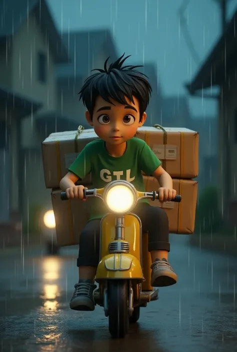 a boy with black hair, yellow skin, wearing a green shirt that says "GTL", black trousers, gray sneakers, is riding a mini scooter containing several packages with a housing background at night, heavy rain, 3D animation