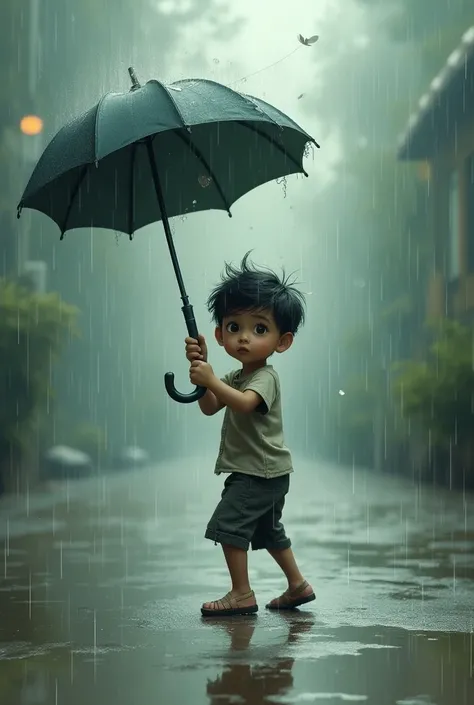 a boy with umbrella and he cant control that. In rair he is dreanjed