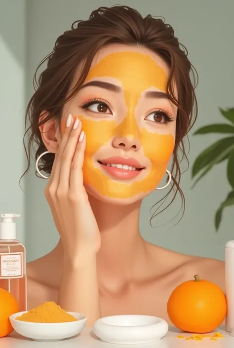 Illustrate a close-up of a woman in her mid-20s applying an orange peel face pack to her face. The background should feature a bright, clean bathroom with minimal decor. The woman is holding a small bowl with the orange peel mixture, and her face has the g...