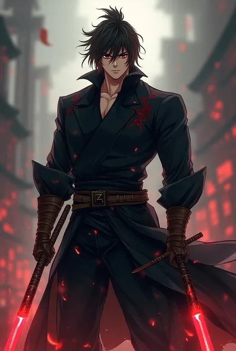 anime character, black skin tone, 1,90, swordsman&#39;s outfit, dark brown hair, dark red eyes, A serious expression, Man and uses three swords 