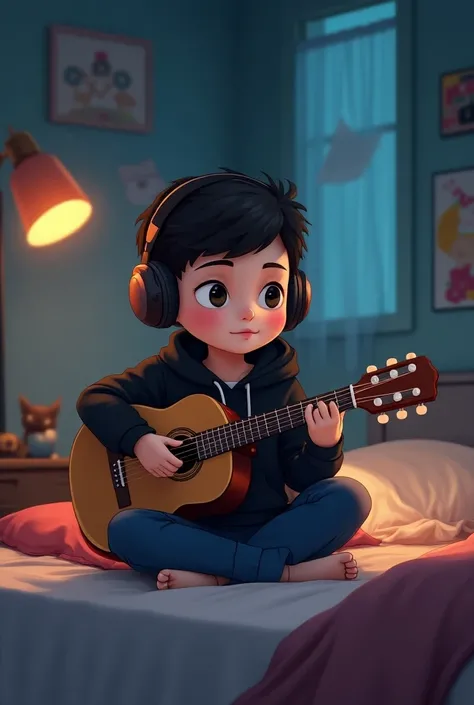 2D Cartoon of a  white Boy Wearing a black hoodie and Headphones 
sitting cross Legged on her bed with a guitar in hand strumming softly while bathed
in night light 