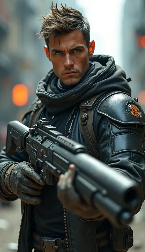 There is a striking figure, a character with an intense gaze, brandishing a futuristic firearm. His short, dishevelled hair frames his face, emphasising his sharp features and determined expression. Dressed in a mix of tough fabrics and high-tech armour, h...