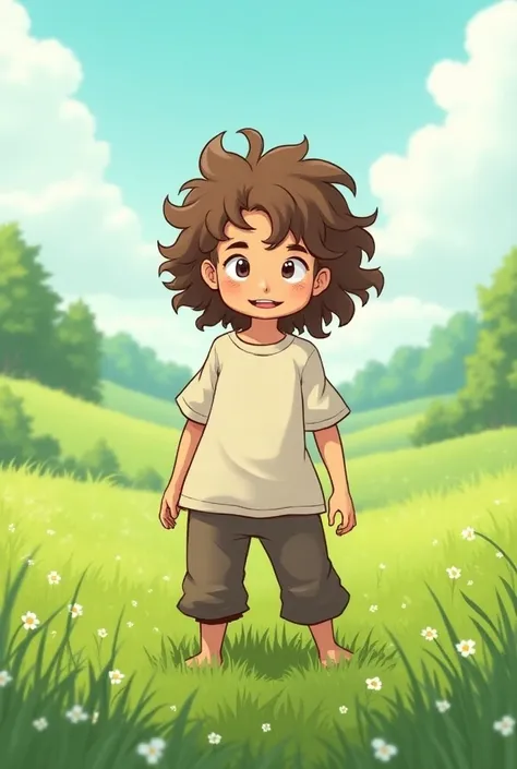  Manga drawing of a  Viking boy with long hair,  curly and brown with a white shirt, In a green field 