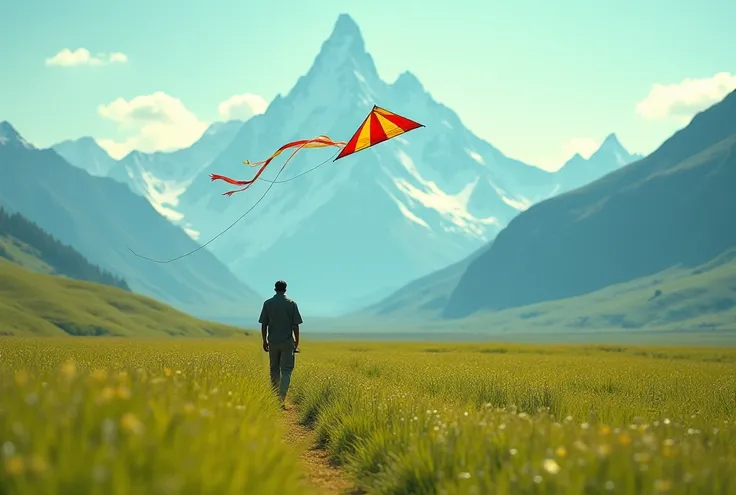 there is a man walking through a field with a kite, digital art inspired by roger deakins, trending on unsplash, video art, denis villeneuve cinematography, # film, amazing cinematography, terrence malick screenshots, mountains in the background, great cin...