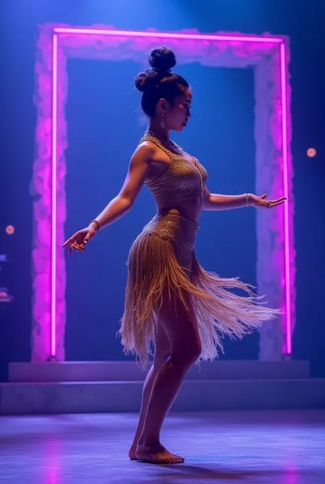 Thai women, , the hair was tied high up. The hair was covered with a massive hair bun , เป็นทรงผมของThai womenโบราณ, Wearing a short golden latin dance dress fringed sequin dress. Wearing a necklace and diamond earrings, the fashion , Standing on stage ami...