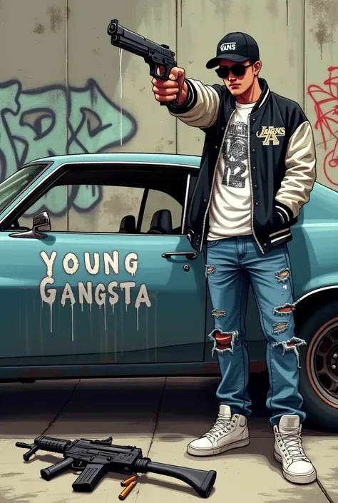 ((drawing)), ((animation style))  A rusty blue , flat car  ( six-four 1992) muscle car,  that has the white tagging lettering “YOUNG GANGSTA” on the car door .  Thin lines run and drip down the letters .  In the background a gray stone wall with graffiti a...