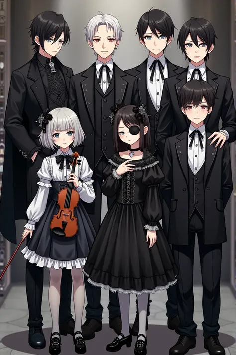 Generate me an image (character sheet) 
2 male teen (gothic street victorian style)
2 adult male (victorian suit)
 2 teen female (gothic lolita street style/twins) (one held violin, one has eyepatch)
2 adult female (victorian skirt/suit)