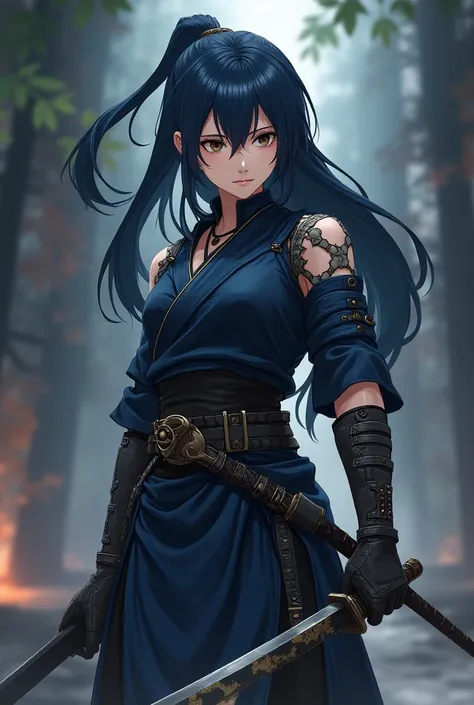 A young teenage girl with long dark blue hair with a black katana in a manga slayer outfit 