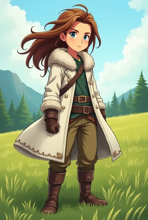  Manga drawing of a  Viking boy with long hair, roasted and brown, In a green field , with khaki pants and white coat