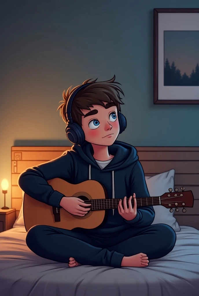 2D Cartoon of a 18 year Old white Boy Wearing a black hoodie and Headphones 
sitting cross Legged on her bed with a guitar in hand strumming softly while bathed
in night light 