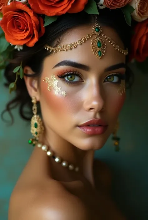 Super detailed facial portrait Latin woman green eyes facial accessories colors create a quality photography scenario