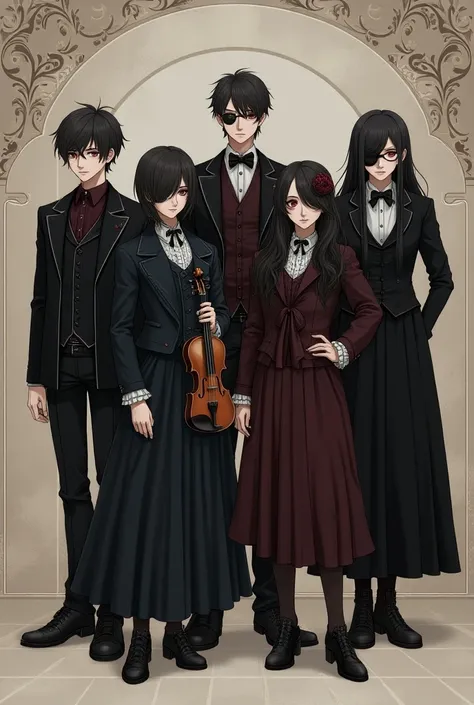 Generate me an image (character sheet) 
2 male teen (gothic street victorian style)
2 adult male (victorian suit)
 2 teen female (gothic lolita street style/twins) (one held violin, one has eyepatch)
2 adult female (victorian skirt/suit)

Total of 6 person...