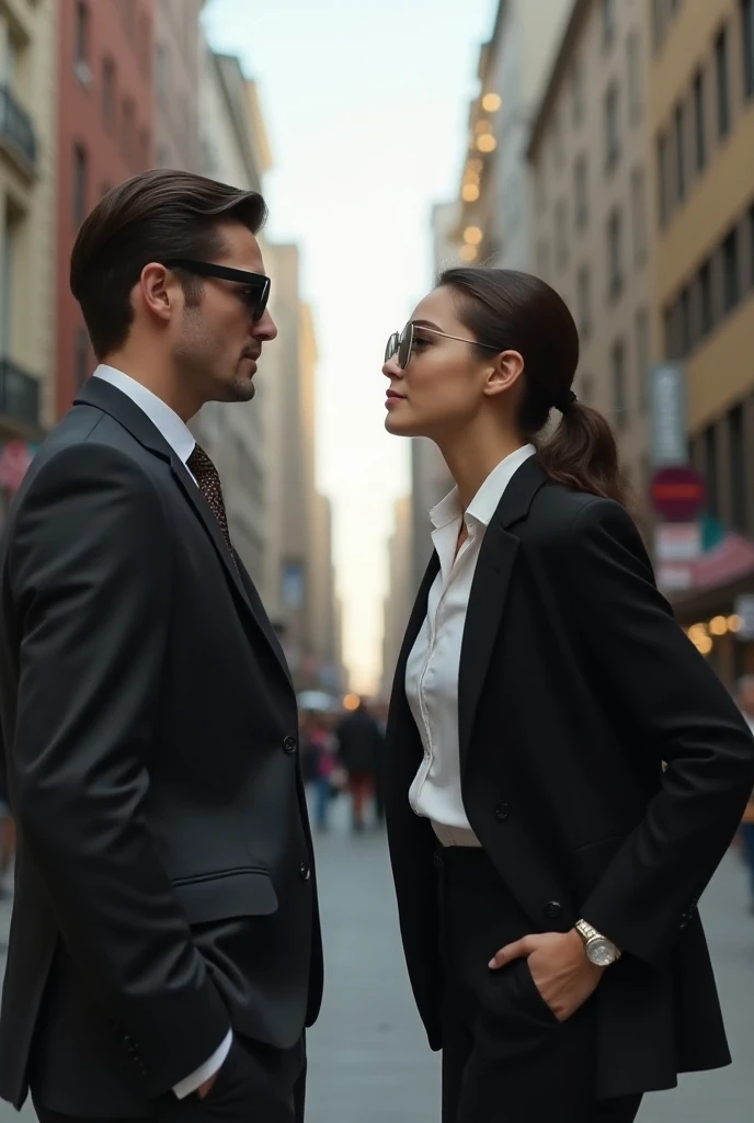 A young lady mocks a well-dressed man wearing dark glasses 