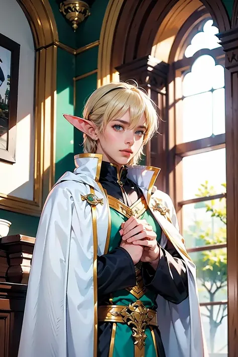 masterpiece, Best Quality, 1 person, adult, male focus, Alone, Medium Blonde Hair, Bright green eyes,  viewers in a cute room, Cape, High quality metal texture, Overcoat, Mouth closed, bangs, High collar,(KBXLL-san:0.6), Fantasy aesthetics, Advanced Detail...