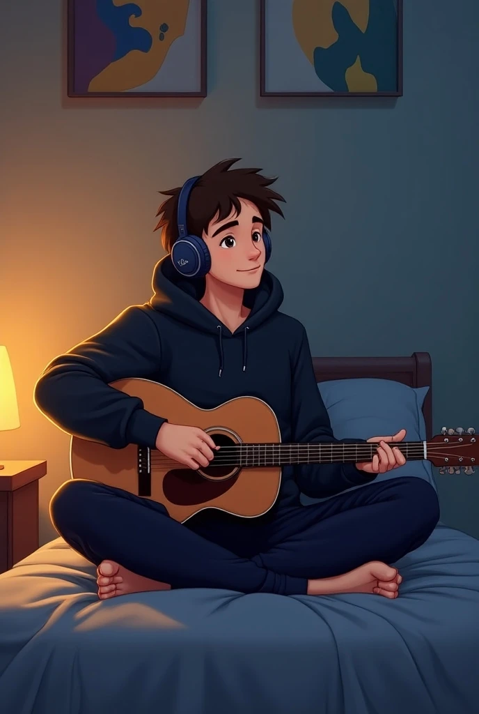 2D Cartoon of a 18 year Old white Boy Wearing a black hoodie and Headphones 
sitting cross Legged on her bed with a guitar in hand strumming softly while bathed
in night light 