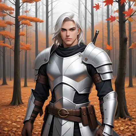 I want a male warrior character ,  with white hair and white armor with black details,  to show the entire anatomy of the character ,  a background that would be a forest with trees in autumn  