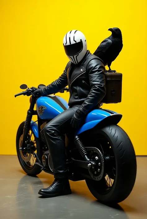  A dark anti hero , with a blue chopper type motorcycle and a white helmet with lots of black stripes , a yellow background with a raven logo on the chest and a delivery bag on the back, In the picture he will say good night and he will have a raven on his...