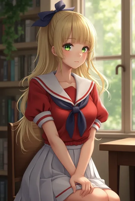 ((masterpiece, better quality,  high resolution )),  naked girl, One, green eyes,  blonde long hair,  tied with blue ribbon , blunt bangs, seat, folded hands on table , sleep, with arms crossed, , white ,  red sailor shirt,  short sleeves , white плиссиров...