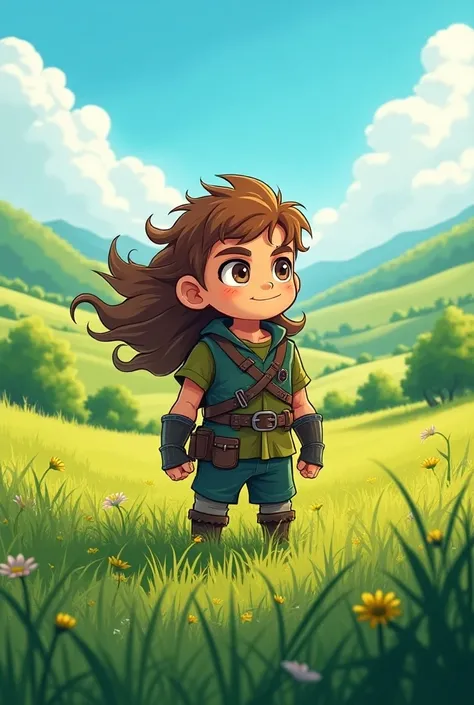  Manga drawing of a  Viking boy with long hair, roasted and brown, In a green field , with light clothes