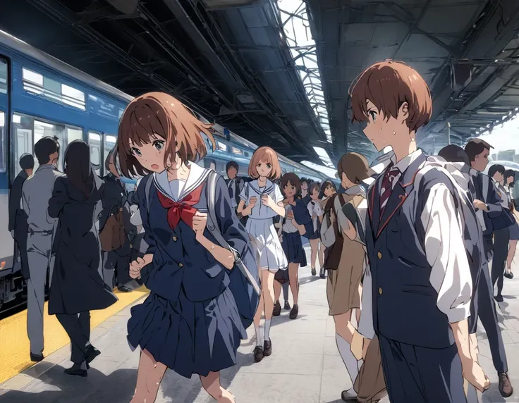 Anime picture daily life full of people on the train station platform high school girl summer suit white sailor suit with navy blue collar white socks black loafers scarf wearing red high school uniform:1.3 Beautiful Sweaty Brown Hair Bob Cut Hair Mob Silh...