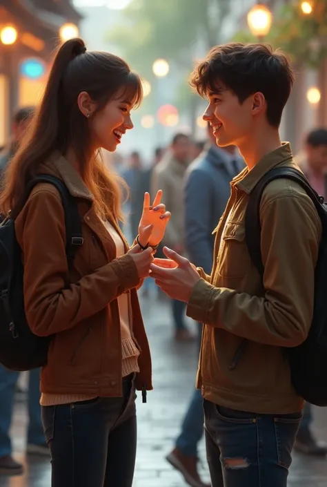 A young men talking to a young woman in company 