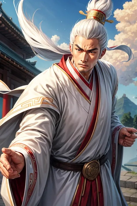 １Men, Ancient Chinese scholars, White Hanfu, Zhuge Kongming, Serious expression, Attention to detail, Historical figures, Standing pose, Feather fan, An old Chinese hermitage in the background, anime, cowboy shot, UHD, retina, masterpiece, accurate, anatom...