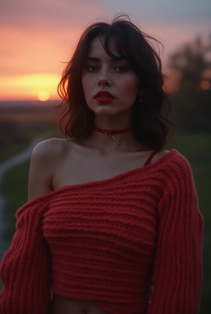 1 young sexy girl, very slim, perfect body, rouge, red neck choker, cateyes makeup, colorful, oversize knit jumper, softcore, warm lighting, cosy atmosphere, Instagram style, blue theme, full body shot,(cinematic, black and pink:0.85), (sunset beautiful ba...