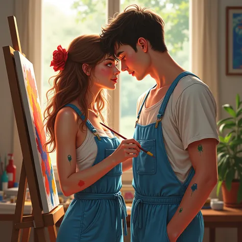 a girl do Paint on canvas and her man standing near her and seeing him in lovely way. both wearing the same dress of blue romper. Color is also applied to their hands and clothes