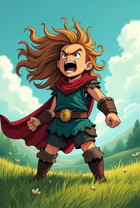  Manga drawing of a  Viking boy with long hair, roasted and brown, In a green meadow giving a war cry