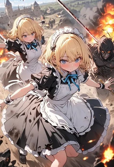 (8k,  very high quality, masterpiece:1.2), Ultra-high resolution, One Girl, cute, (blonde, Small breasts,  nice black dress ,   White Apron  ,  Blue Ribbon,  gold A line ,  gold accent , Apron dress, Maid uniform, length), Burning Battlefield, Castle Defen...