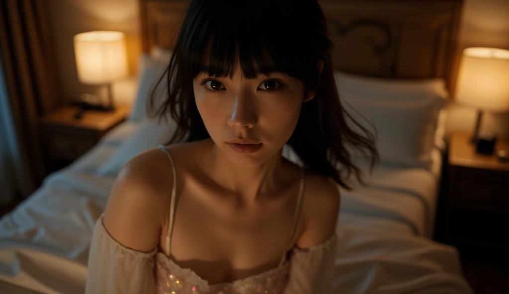 A beautiful Japanese woman with long black hair is standing in a dimly lit room, wearing a silky, sensual nightgown. She gazes intently at you with a soft yet mysterious expression, her eyes shimmering under the soft light, creating a captivating and intim...