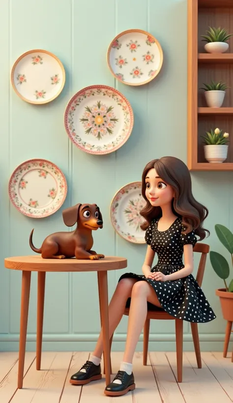 wall of decorative plates  ,  round wooden table  , Girl 30 years old wavy hair with long brown highlights ,  black dress with white polka dots  , Black daschround dog on the girls lap, 3D animation inspired by Disney 