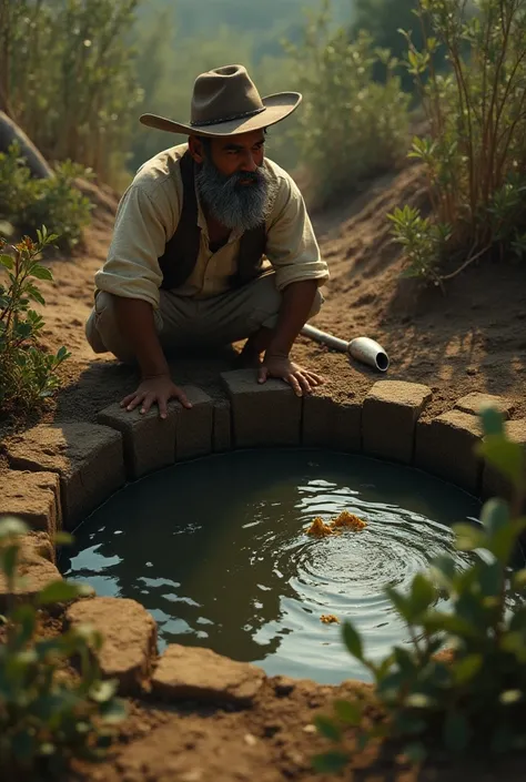 Contamination of the well
-  **Description**:  Don Pedro looking worriedly at a well with murky water .  Shows signs of contamination ,  such as wilted plants around .
- **bottom**:  Details of the cracked soil and some lying agricultural tools.