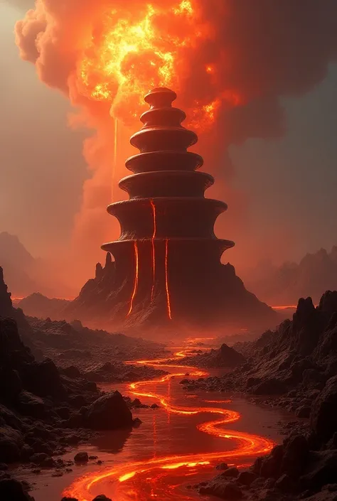 A volcano eruption ,  a chocolate fountain can be seen between lava and rubble,  it looks futuristically colorful 